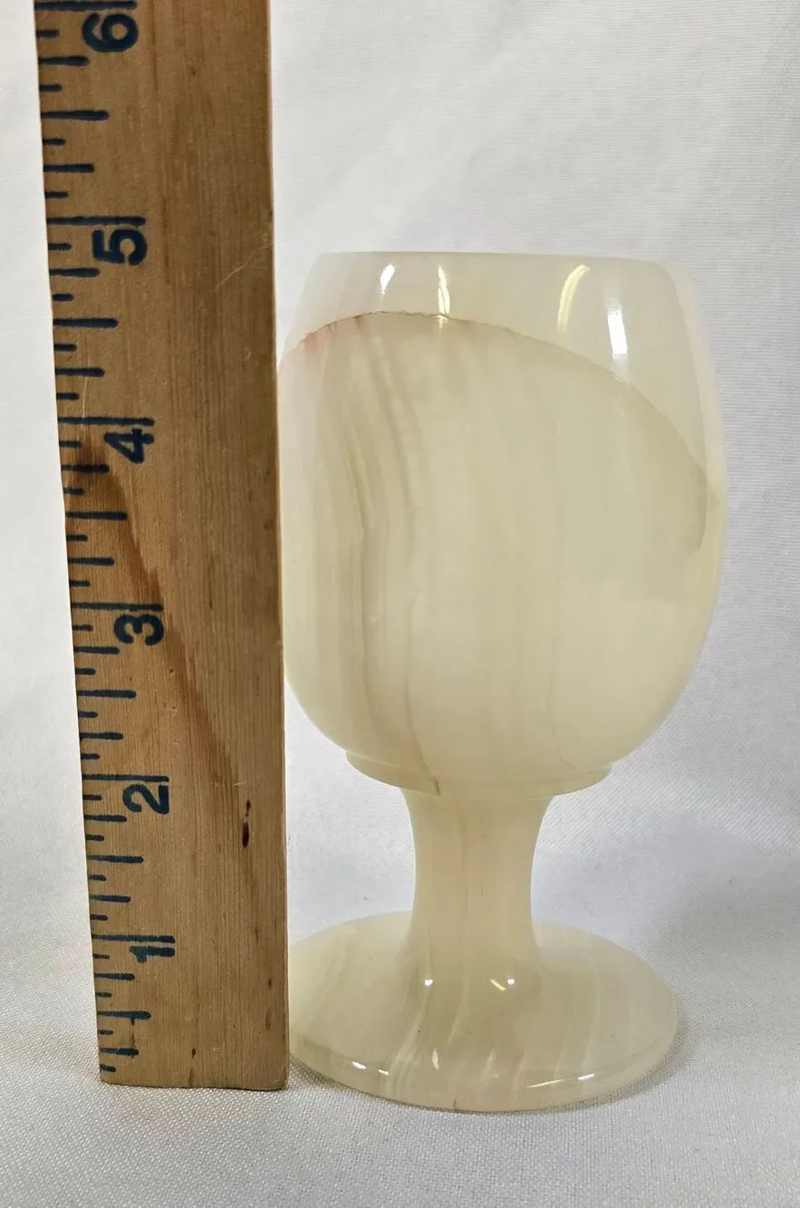 Vintage Hand-Carved Onyx Stone Goblet Chalice | Cream & Brown Marbled Wine Glass